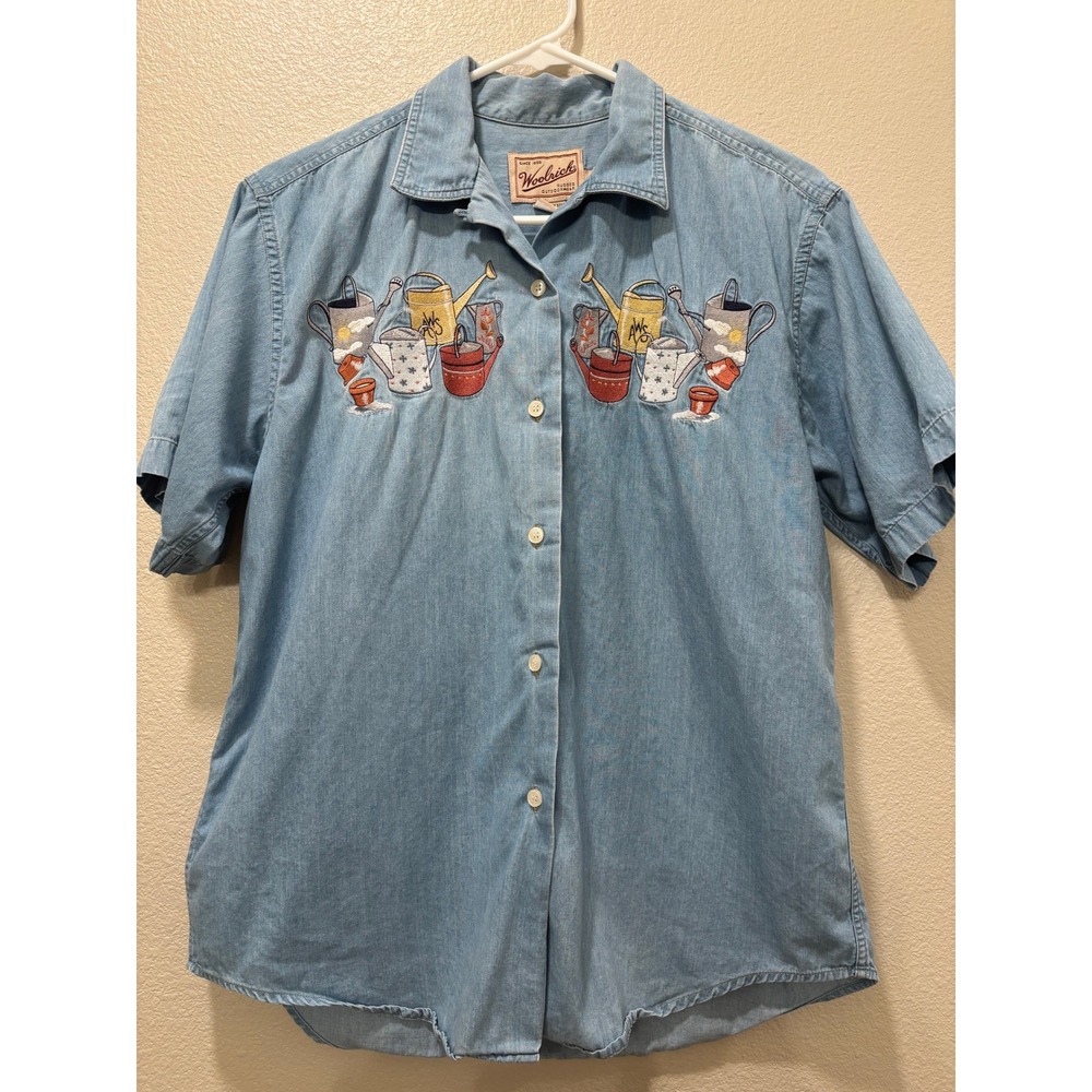 Woolrich Denim Shirt Womens Medium Embroidered Garden Teacher Artsy Vintage